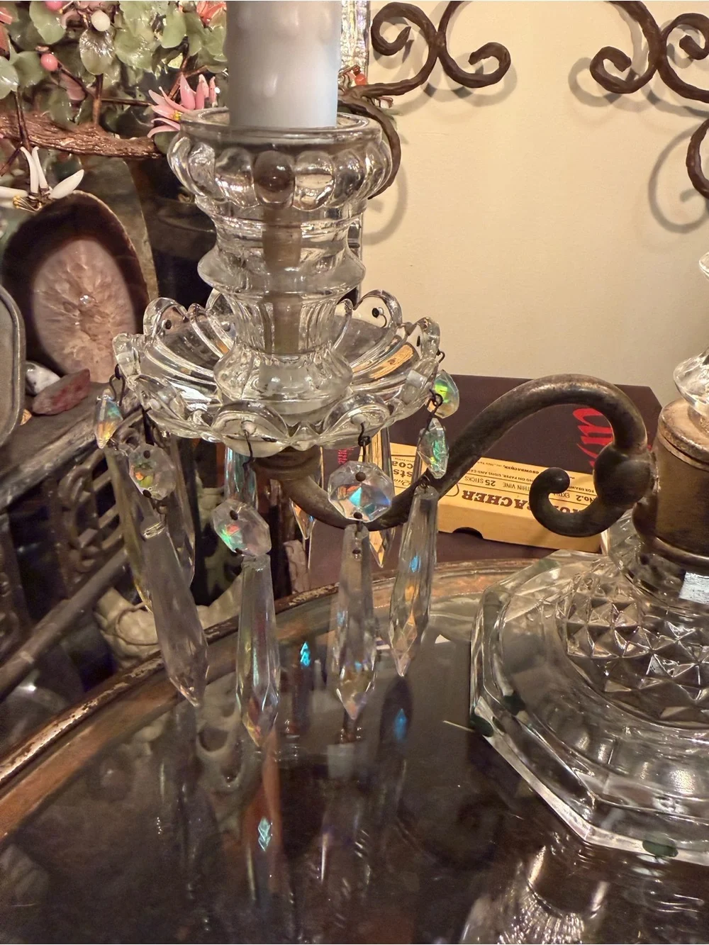 Antique Rare Aurora Borealis Crystal Dual Arm Candelabra Lamp Baccarat Style